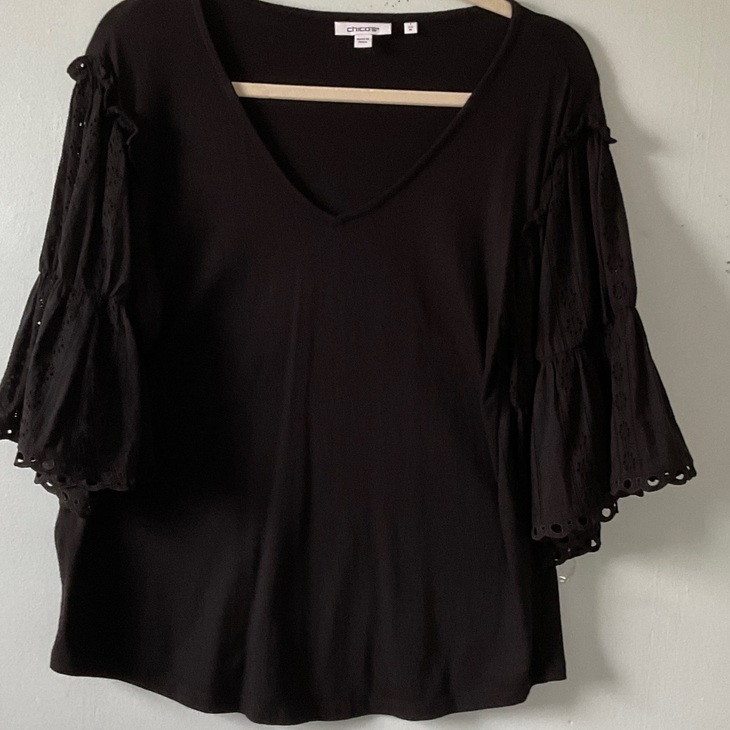 Chico's Black V-Neck Top With Tiered Eyelet Bell Sleeves